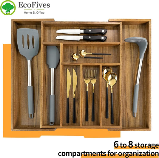 Luxury Acacia Kitchen Drawer Organizer - Silverware Organizer - Utensil Holder and Cutlery Tray with Grooved Drawer Dividers for Flatware and Kitchen Utensils (8 Slot), 17*12.4*2 inch
