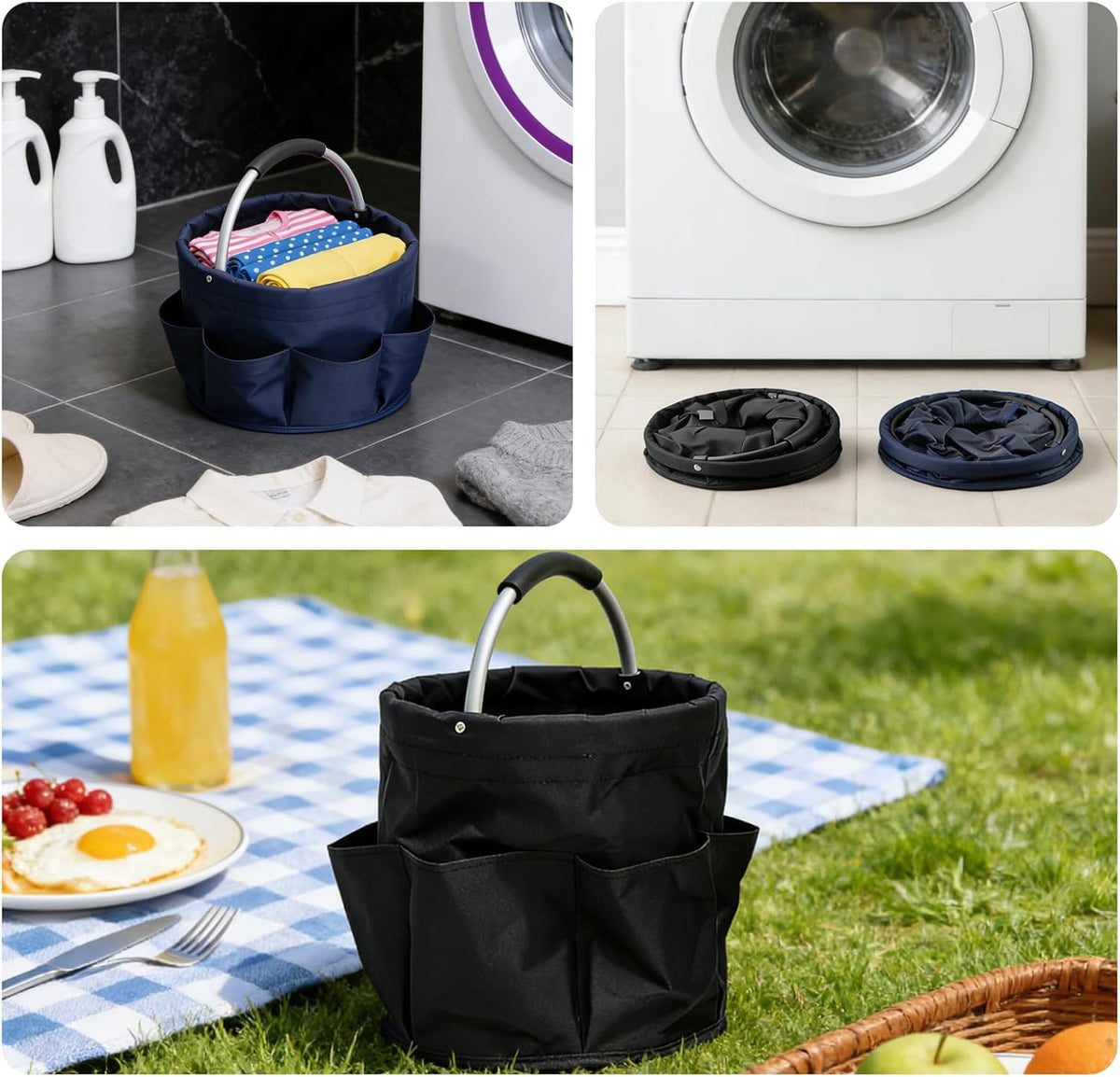Tool Bucket Organizer 2-Pack, 17L Foldable Cleaner Caddy with 6 Pockets,Handle for Garden、Family and Bathroom, Can Also be Used as a Beach Basket or Shopping Basket,Black+Navy Blue