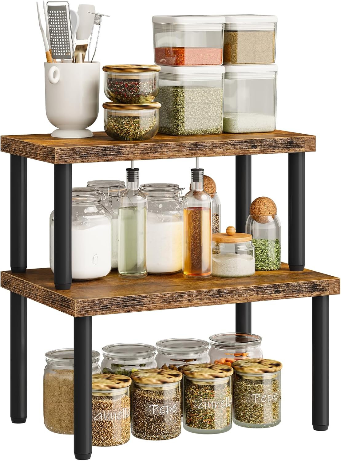 Cabinet Organizer Shelf, kitchen countertop organizer, Kitchen Storage, Spice Rack for cabinet, Stackable, Expandable, for Countertop,kitchen,cabinet, White and Natural WN15TL01