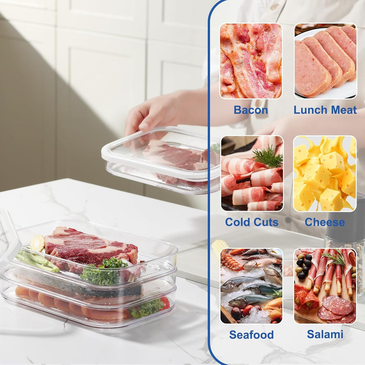 Stackable Deli Meat Storage Container with Lids for Fridge | Dishwasher Safe, 3 Tiers, Clear, Lunch Meat, Cold Cuts & Cheese Organizer, Meal Prep Storage