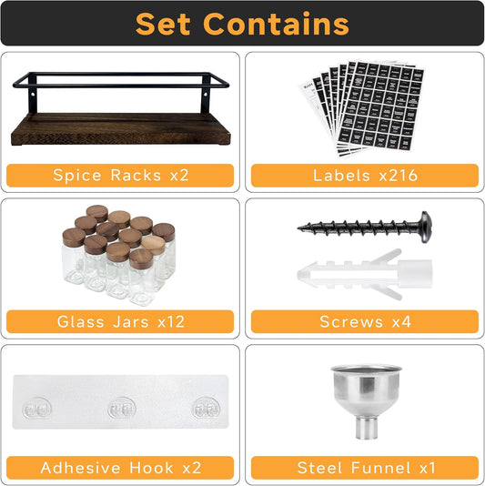 4-Tier Wall Mount Spice Rack Organizer with 24 Glass Jars, 216 Labels & Funnel - Screw/Adhesive Mount, Black Metal & Wood Spice Storage for Kitchen Pantry Cabinet, 11.6”L x 2.4”W x 3.2”H