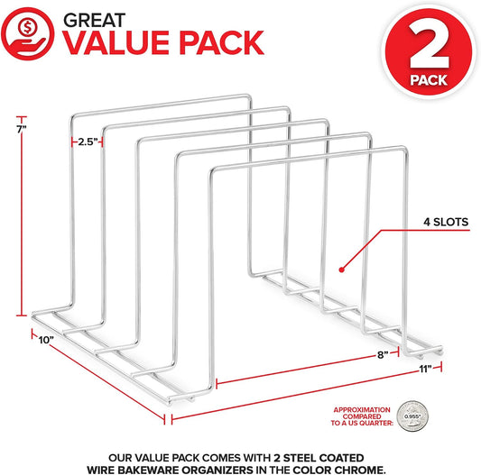 Kitchen Cabinet Organizer, White (2 Pack) Steel Baking Sheet Holder with 4 Slots for Cabinet, Bakeware Organizer, Divider for Cutting Boards, Pot Lids, Pan Lids, Cookie Sheets