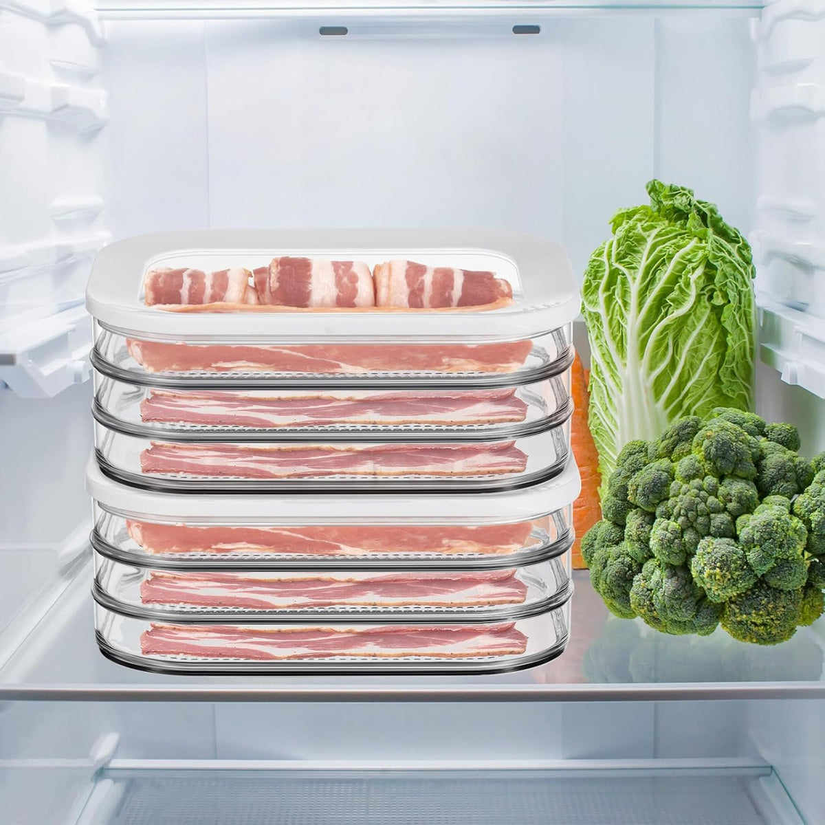 2 Pcs Deli Meat Container Fridge Bacon Container for Refrigerator Stackable Food Storage Boxes with Lid for Deli, Lunch Meat, Cheese and Meal