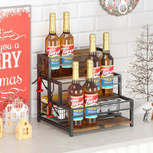 3 Tier Coffee Syrup Rack Organizer, 12 Water Bottles Holder Stand Liquor Cabinet Storage, Wine Rack Countertop Storage Rack Coffee Bar Cabinet for Kitchen