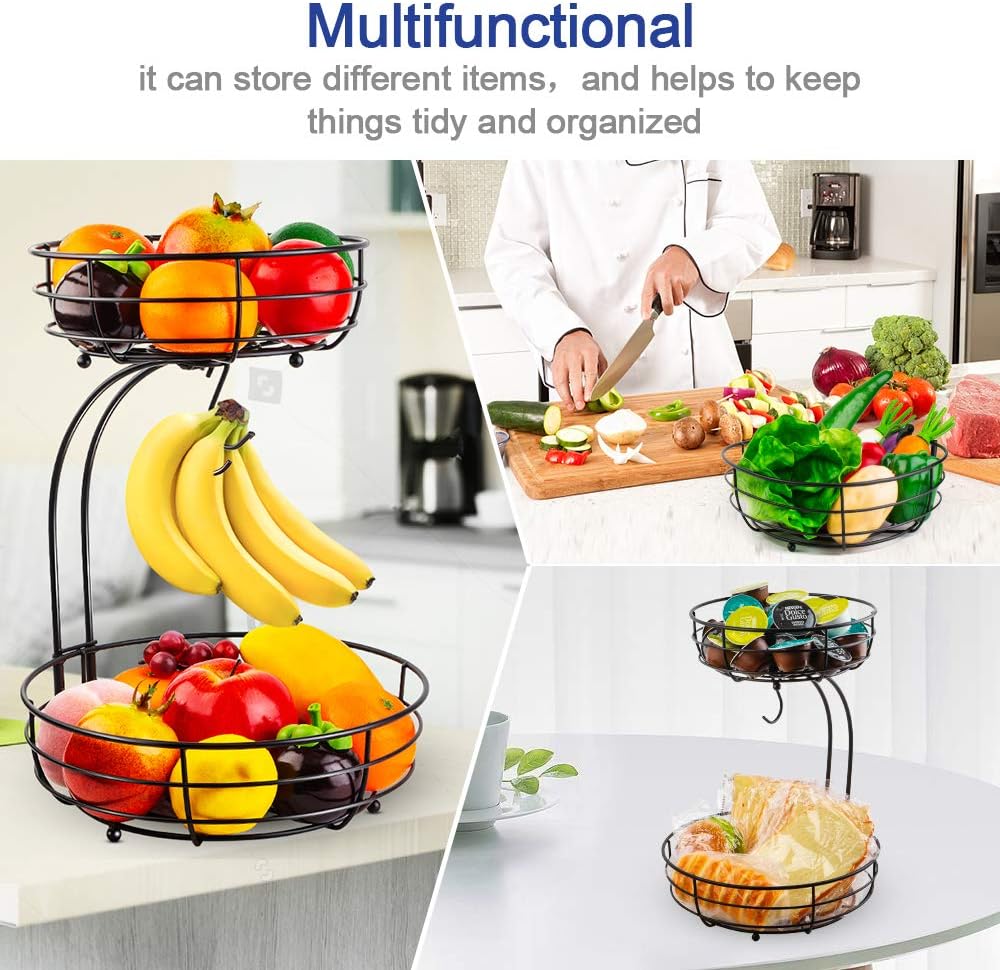 Iron 2-Tier Countertop Fruit Vegetables Basket Bowl Storage With Banana Hanger, Black, 64 ounces