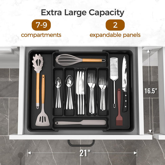 Extra Large Expandable Silverware Organizer, Flatware Tray, Black | BPA-Free Food-Safe Kitchen Utensil Cutlery Drawer Organizer, Adjustable Silverware Holder for Spoons Forks Knives