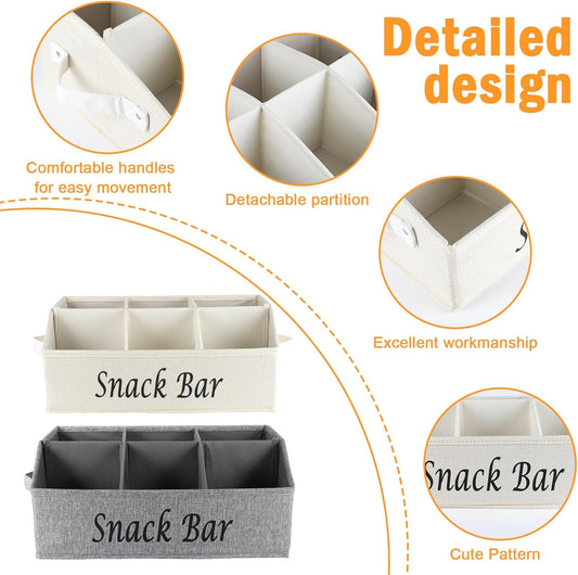 Snack Organizer for Countertop, Fabric Snack Container with Handles, 6 Compartment Snack Box Bin Snack Basket, Snack Bar Station Decor, Kitchen Cabinet Pantry Organizer and Storage