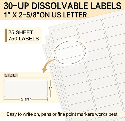 Dissolvable Food Labels - 750 Custom Stickers, 1" x 2-5/8" Printable Labels for Inkjet Printers, 25 Sheets