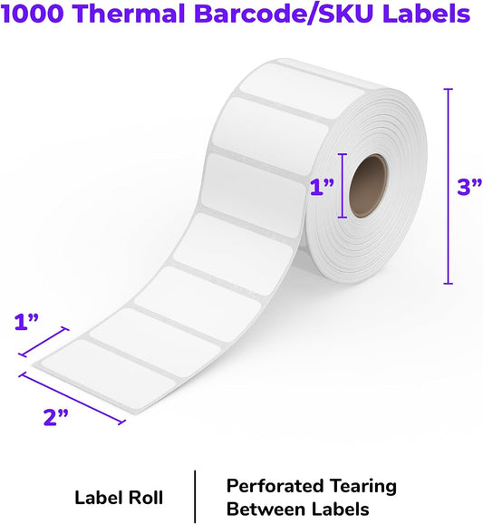 Direct Thermal 2x1 Barcode Labels - Roll of 1,000 Thermal Labels