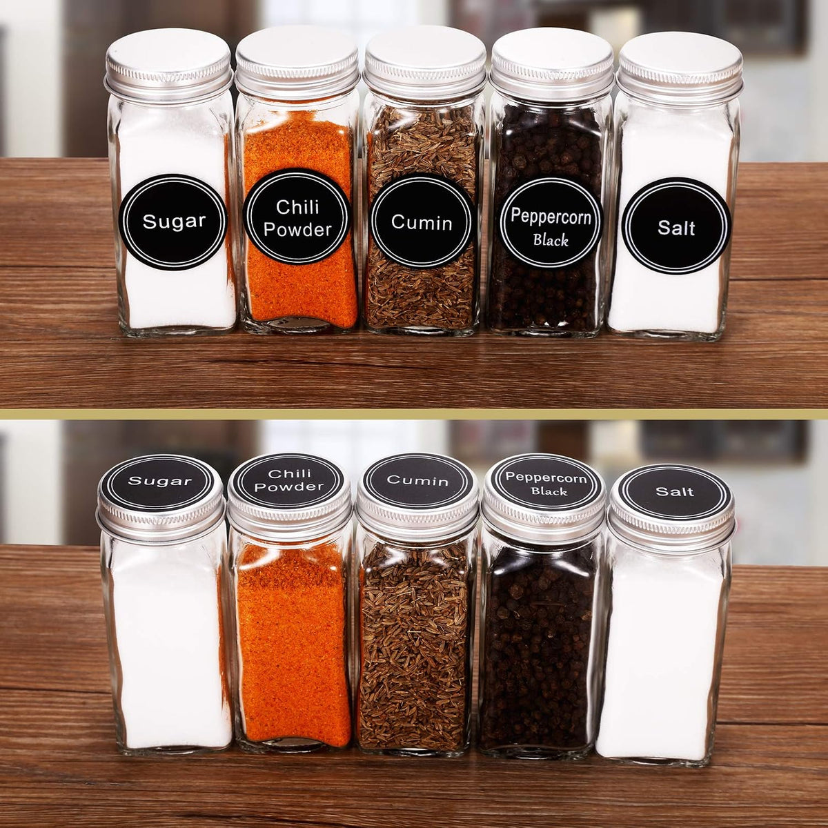 25 Pcs 4 oz Glass Spice Jars with 703 Spice Labels and Shaker Lids | Empty Spice Containers with Airtight Lids, Chalk Marker, Funnel - Square Seasoning Bottles for Spice Racks, Cabinets, Drawers