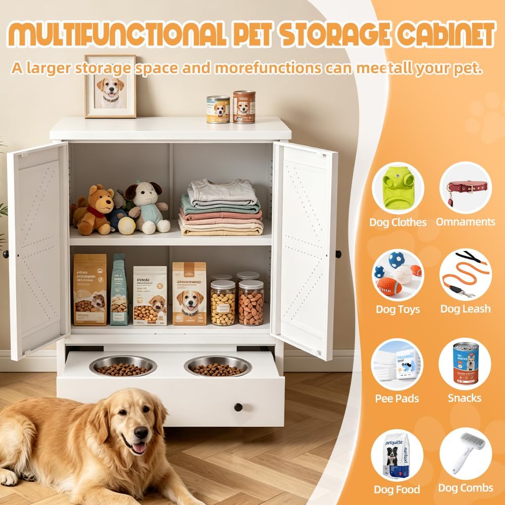 Dog Feeding Station with Storage Cabinet, Metal Pet Feeding Station with Storage, Dog Food Storage Cabinet with 2 Elevated Stainless Steel Bowls, Pet Food Cabinet Organizer, White