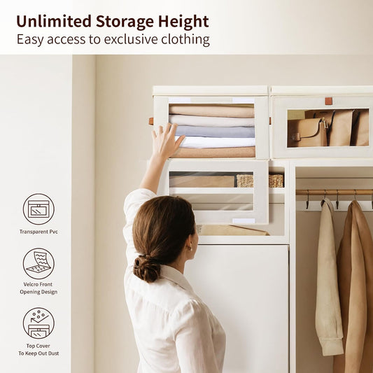 Large Closet Storage Organizer - Clothes Storage Bins with Handles & Window, Collapsible Decorative Boxes with Lids, Fabric Containers for Living Room, Dorm, Beige