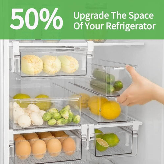 Upgraded Refrigerator Drawers Organizer - Pull Out Fridge Bins with Handle, Extra-Long 19.5" Stretchable and Deep Storage