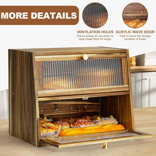 Bread Box for Kitchen Countertop,Extra Large 2 Layer Breadbox Wooden Farmhouse Bread Storage Container Bread Bin Bread Holder Food Organizer Pantry Shelf Acrylic Window(Black)