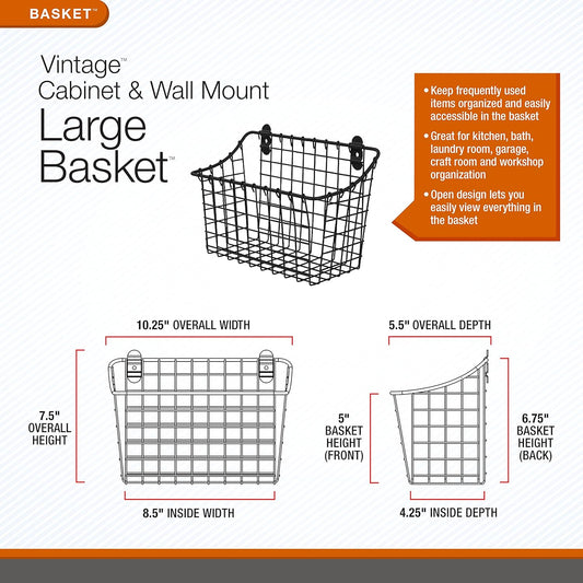 Spectrum Extra Large Wire Wall Mount Storage Basket Industrial Gray, Vintage Wire Basket Wall Mount Organizer Modern for Pantry Kitchen and Bath, Versatile Wall Mount Storage Basket Wire Caddy