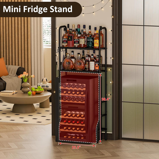 Jautokerdar Mini Fridge Stand with Storage, 2-Tier Metal Over Mini Fridge Storage Shelf, Coffee Bar Station Organizer, Small Refrigerator Space Saver Kitchen Rack for Dorm,Bedroom,Office