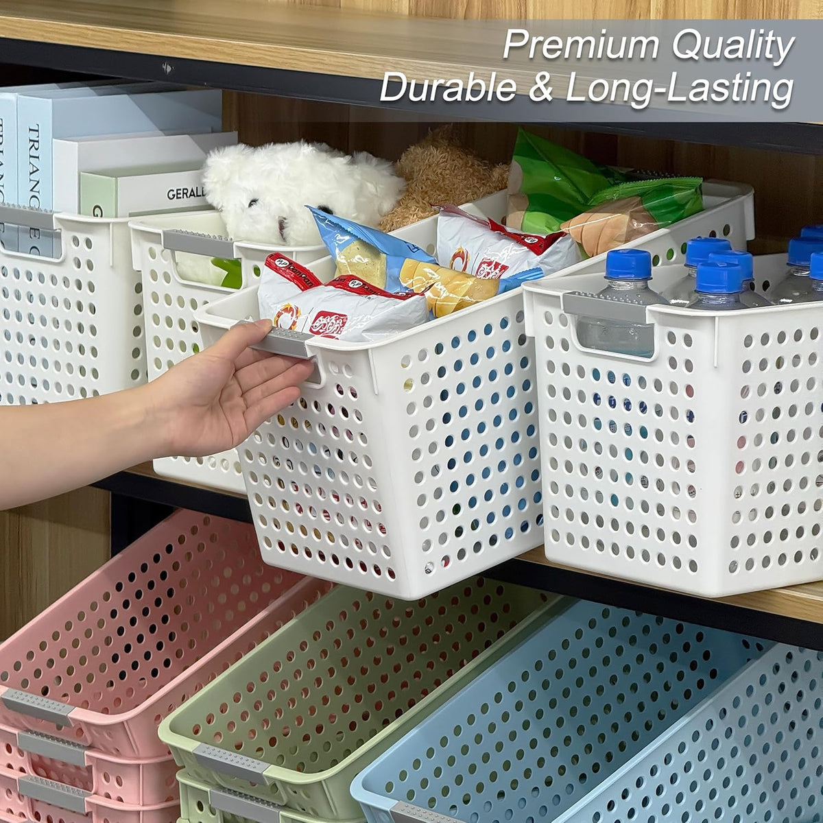 Soddeph 4 Pack Slim Plastic Storage Basket with Handles, Rectangular Storage Bins for Shelves,Narrow Organizer box for Organizing, Kitchen,Home,Office (White, Small)