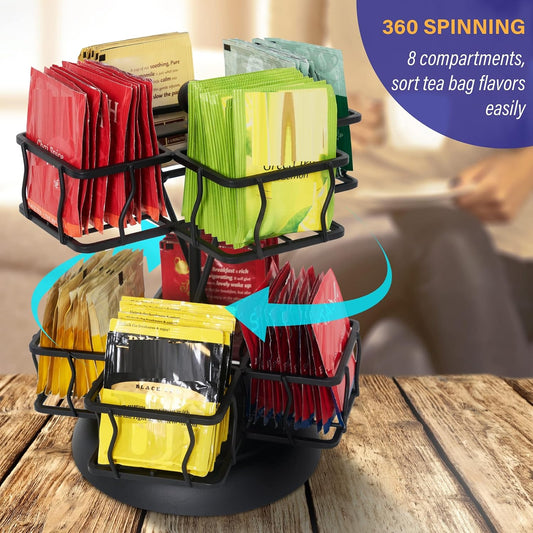 NHZ Tea Bag Storage and Organizer, Tea Bag Holder Black Powder Coated Stainless Steel for Tea and Coffee Box. Organize 100 Tea Bags- Tea Holder For Tea Bags 8 Compartments with 12 Bags in Each.