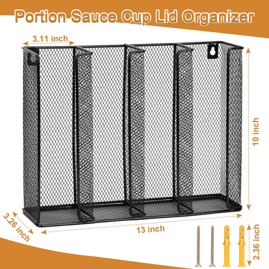 Wall Mount Portion Sauce Cup Lid Organizer 4 Compartments Iron Sauce Cup Dispenser Black Cup and Lid Holder Organizer Fits Cups Size 2 to 4 oz For Kitchen Counter Restaurant Coffee Bar 13x10x3.3 In