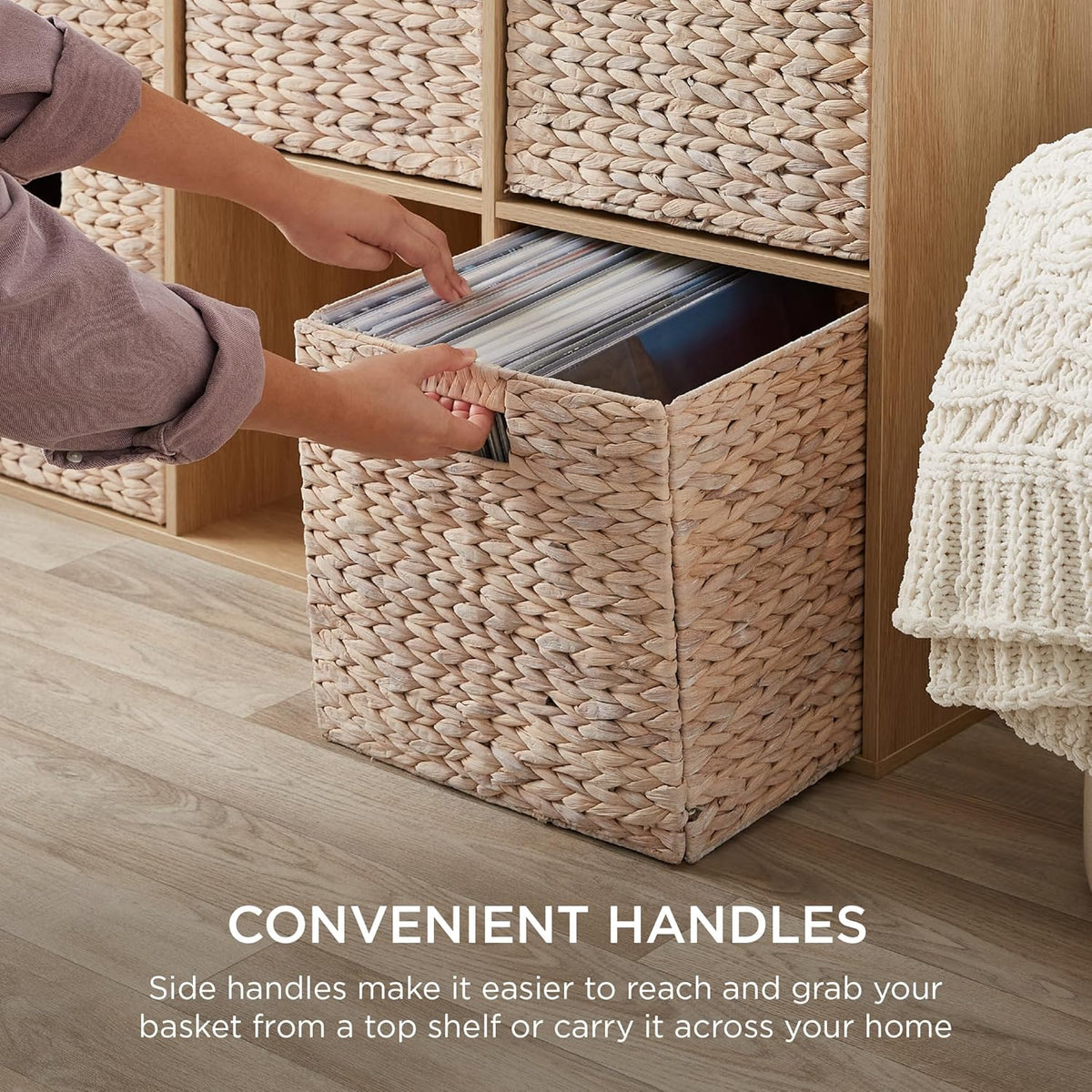 Best Choice Products 12x12in Hyacinth Baskets, Rustic Set Of 5 Multipurpose Collapsible Storage Organizer, Handwoven Laundry Totes for Bedroom, Living Room, Shelves w/Inserts - Natural