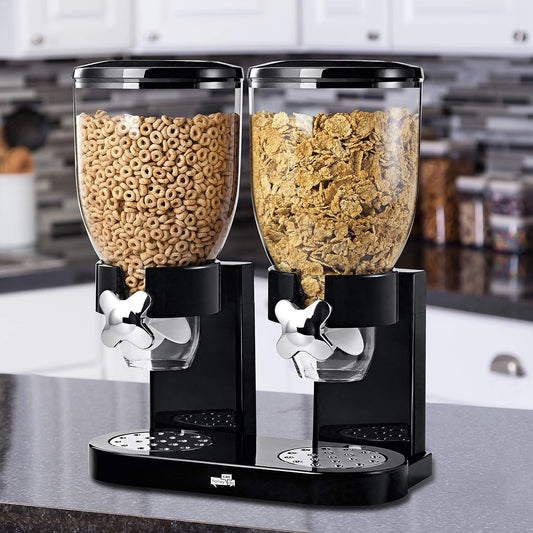 Honey-Can-Do Zevro Dual Dry Food Dispenser – Countertop Cereal Dispenser with Portion Control, 17.5 oz Per Canister, Airtight BPA-Free Snack Dispenser for Kitchen Organization, Black/Chrome