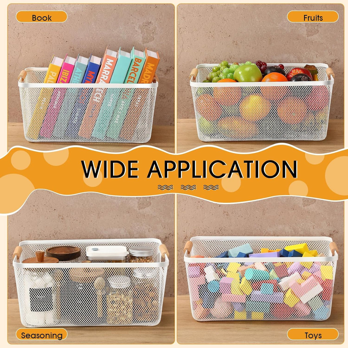 Ziliny 4 Pcs Metal Mesh Wire Baskets with Wooden Handles for Organizing, Pantry Organizers and Storage Steel Bin Kitchen Baskets for Fruit Potato Onion Snacks Bathroom Cabinet(Small,Black)