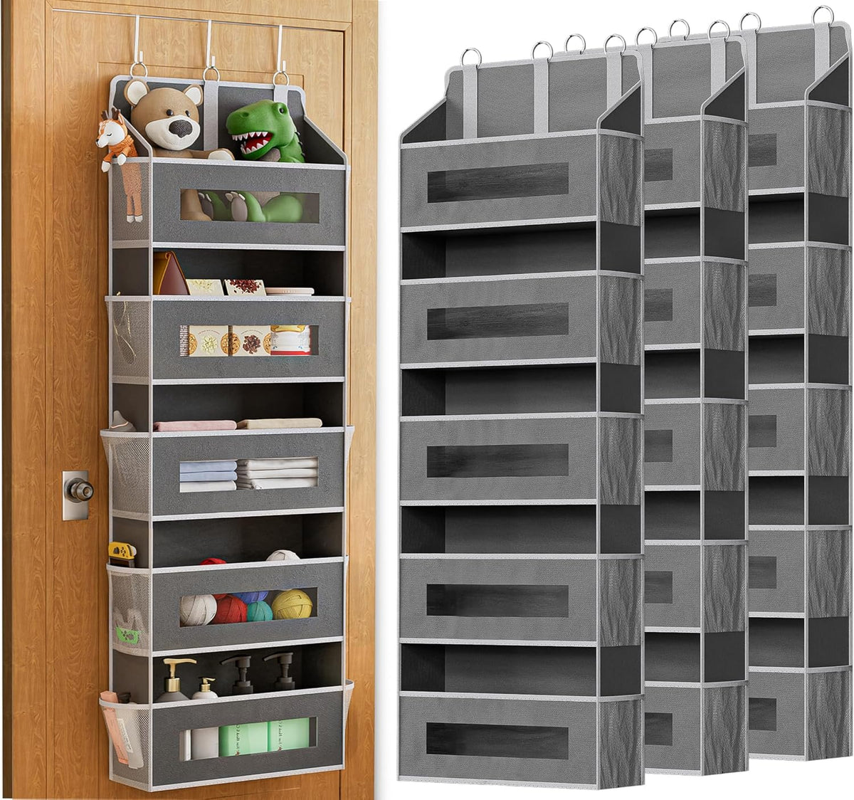 5 Tier Over The Door Organizer - Large Capacity Behind Door Hanging Shelves with 10 Mesh Pockets and Clear Windows, Closet Organizers and Storage for Bathroom, Bedroom, Nursery, Grey