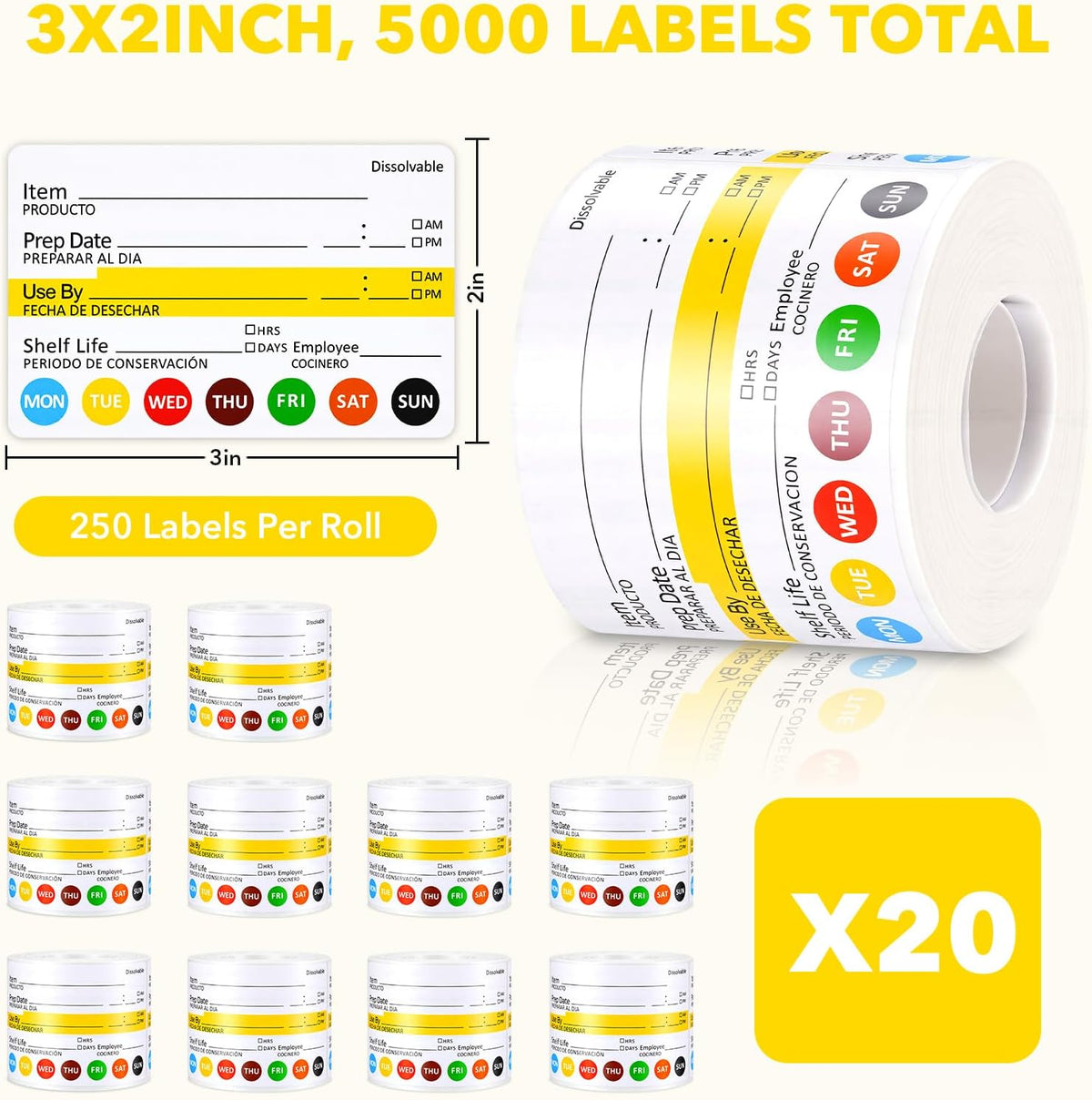 10 Rolls 2500 Pcs Restaurant Quality Shelf Life Food Rotation Labels Vinyl 2” x 3” Self-Adhesive Removable Freezer Food Labels Perfect for Reusable Containers Food Safety Date Sticker, Easy to Remove