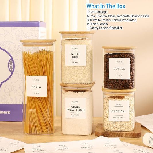 5 Pack Square Glass Pantry Storage Containers with 132 Kitchen Food Pantry Labels - Clear Glass Pantry Jars with Airtight Wood Bamboo Lids - Glass Canisters for Pasta, Cereal, Coffee, Flour, Sugar