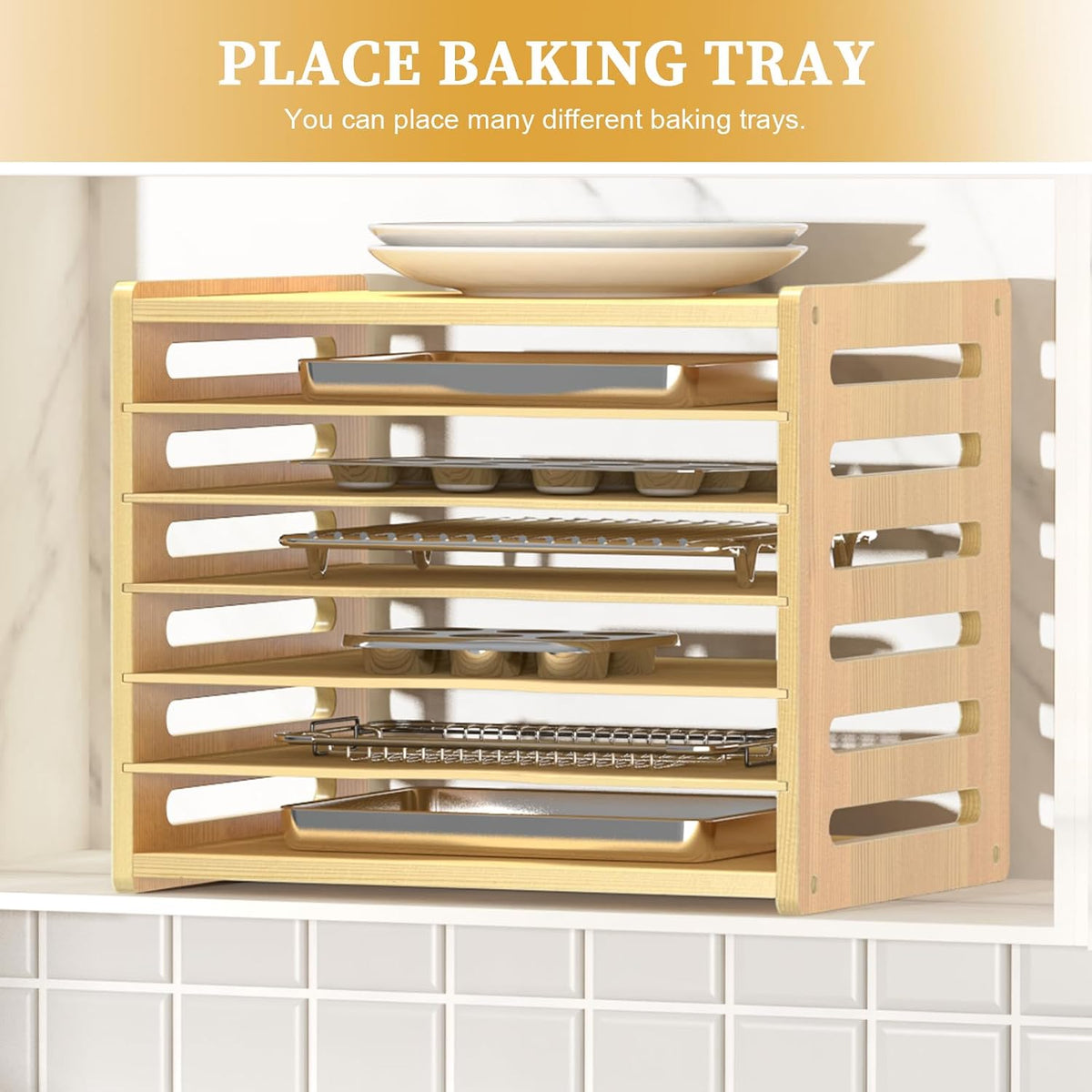 4 Tier Tray Dividers for Cabinets, Kitchen Vertical Baking Sheet Organizer | Premium Wood, Multiple Sizes, Saving Space, Vertical Tray Dividers for Storing pans, Baking trays, Cutting Board