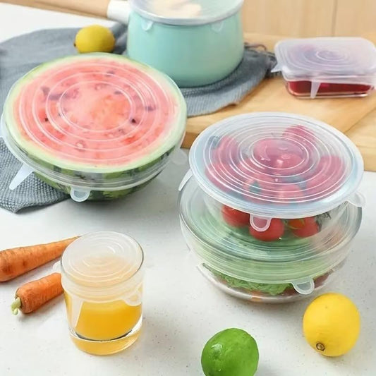 Silicone Stretch Lids 6 Pack, Reusable Food Storage Covers, Clear & Blue, Fits All Containers, Microwave & Dishwasher Safe (White)