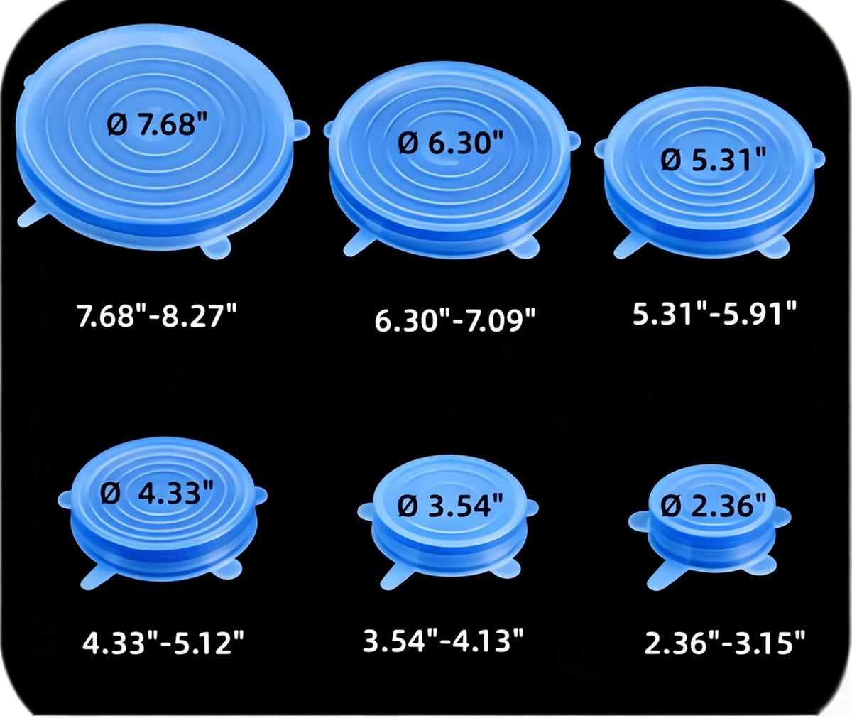 Silicone Stretch Lids 6 Pack, Reusable Food Storage Covers, Clear & Blue, Fits All Containers, Microwave & Dishwasher Safe (White)