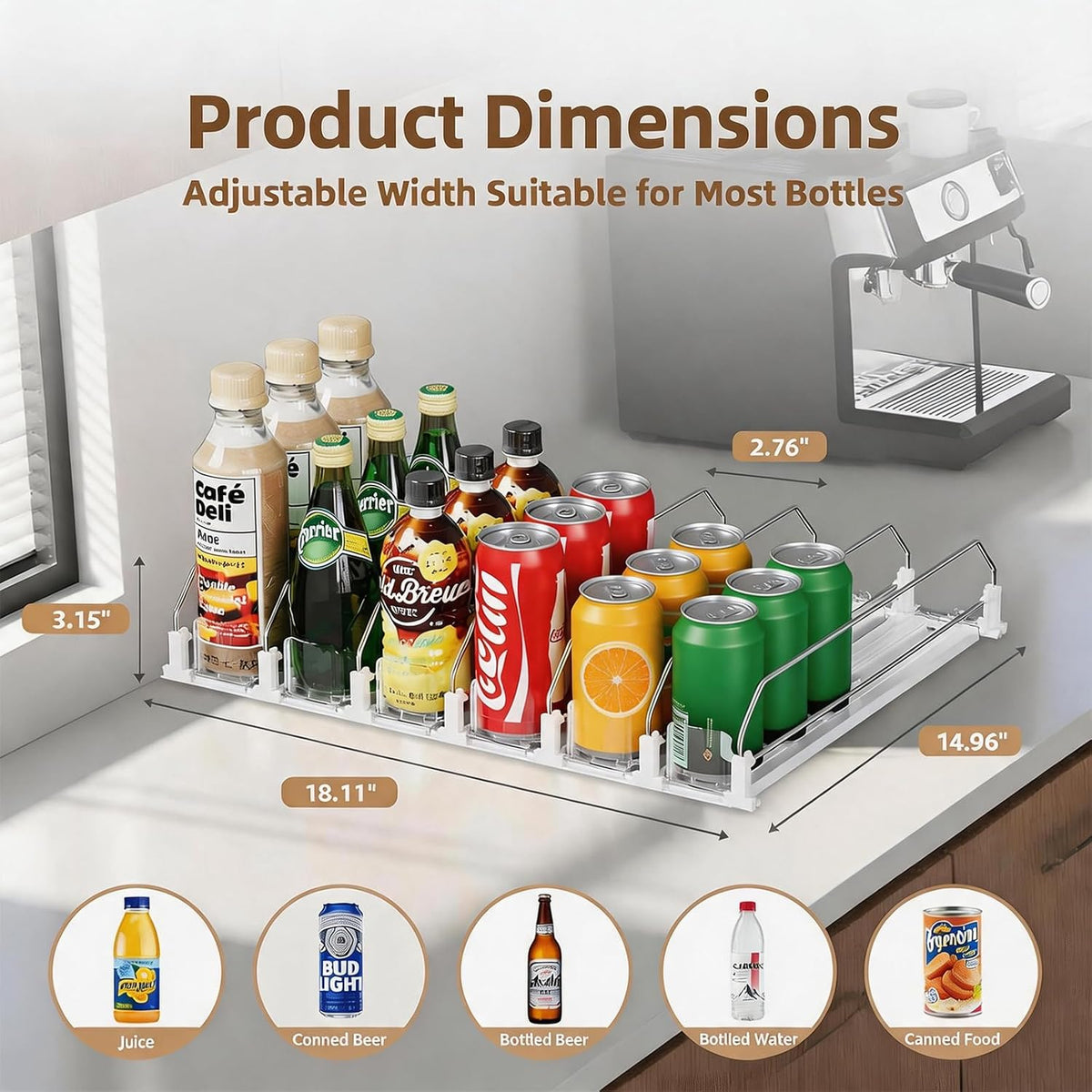 5 Row Automatic Drink Organizer for Fridge, Holds up to 25 Cans | Depth 15" | Adjustable Width | Auto Push Soda Can Dispenser For Refrigerator Supermarket Shelf Storage