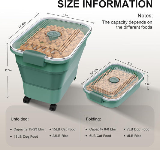 Dog Food Storage Container, 15-23 Lbs Collapsible Dog Food Container with Transparent Airtight Lid, Wheels and Scoop, Travel Pet Food Storage Container for Cat, Dog and Bird, Keep Dry Food Fresh