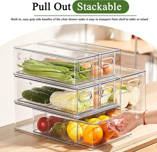 2 Pack Refrigerator Organizers and Storage, Stackable Clear Pull out Drawer Organizer Bins, BPA-Free Fridge Organizer and Storage for Fruit, Produce, Drink, Snack and Food Storage Containers