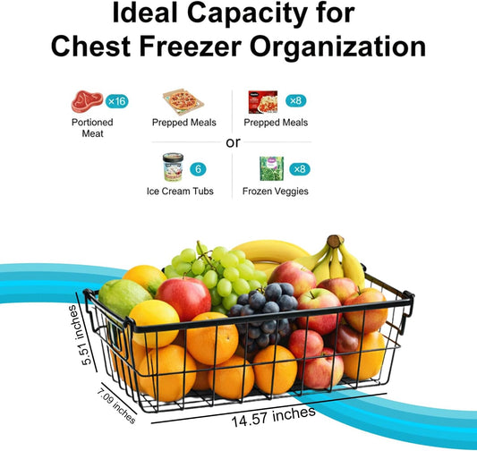 4 Pack Chest Freezer Organizer With Baggy Rack , Stackable Chest Freezer Basket for 5–7 Cu.Ft , Upright Freezer Organiser for Frozen Food & Meat Easy Grip Handles Black , 14.5×7.09×5.51"