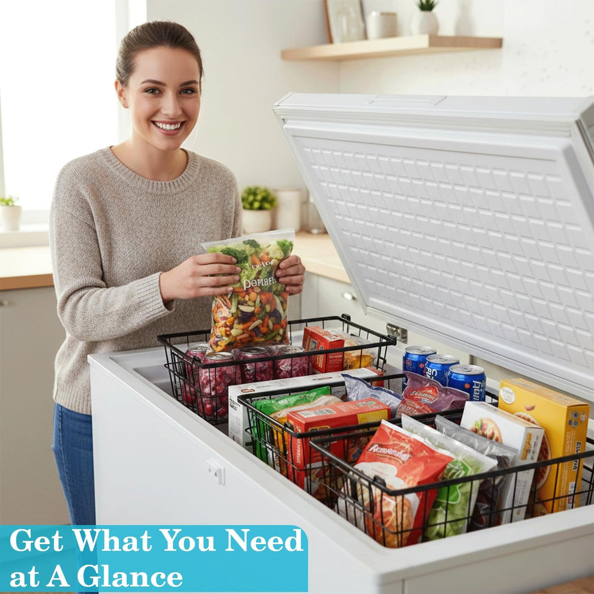 4 Pack Chest Freezer Organizer With Baggy Rack , Stackable Chest Freezer Basket for 5–7 Cu.Ft , Upright Freezer Organiser for Frozen Food & Meat Easy Grip Handles Black , 14.5×7.09×5.51"