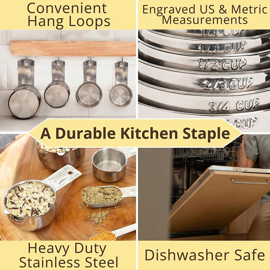 Measuring Cups & Spoons Set of 12, 18/08 Stainless Steel Kitchen Gadgets, Stackable Design with Long Handle Spoons, Fits in Spice Jars, Cooking & Baking Set for Dry & Liquid