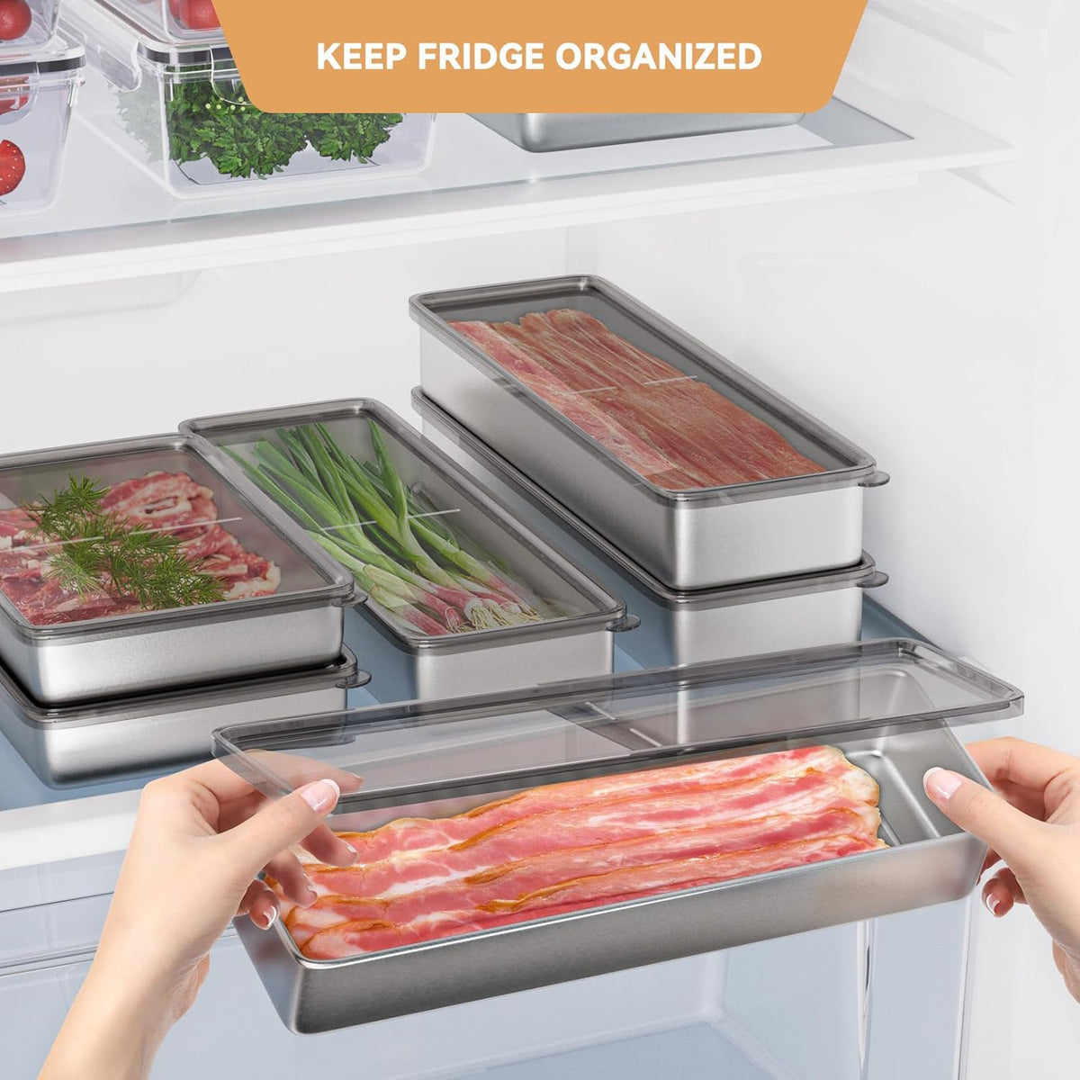 Bacon Container for Refrigerator, 1 Pack 304 Stainless Steel Container | Keep Fresh Longer | Airtight | Deli Meat Storage | Dishwasher Safe | Kitchen Food Storage Containers | Elevated Base