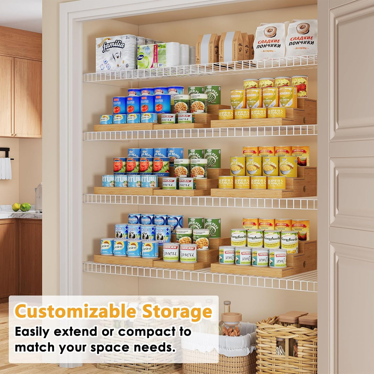 Expandable Bamboo Can Rack Organizer for Pantry, 3-Tier Adjustable Can Storage Holder, Soda Organizer Holds Up to 24 Cans, Canned goods Storage Display for Pantry, Cabinet, Countertop (patent pending)