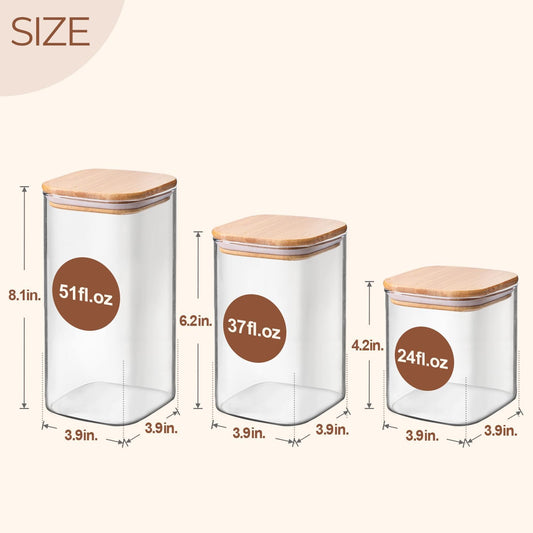 Glass Pantry Storage Containers (0.7Qt/1.2Qt/1.6Qt) Set of 6, Square