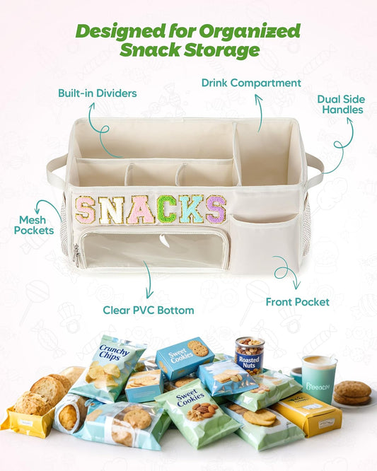Fasrom Large Snack Organizer for Countertop, Chenille Letter Snack Basket Organizer with 6 Compartments, Pantry Storage Bin with Handles, Food Container Snack Box for Chips, Candy, and Snacks, Beige