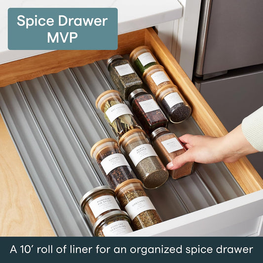 SpiceLiner Adjustable Spice Drawer Liner, 10ft Roll, Sandstone, Seasoning and Spices Bottle Organizer Insert