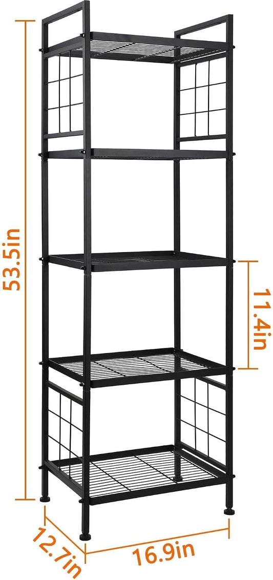 5-Wire Standing Book Shelf & Bookcase, Metal Storage Shelving Unit Pantry Rack for Laundry Kitchen Bathroom Organizer, Black