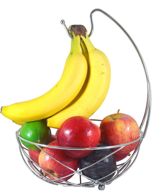 Chrome Fruit Bowl with Banana Holder – 14" Countertop Wire Basket with Banana Hook, Modern Fruit Basket with Banana Tree Hanger for Kitchen Table or Island Storage