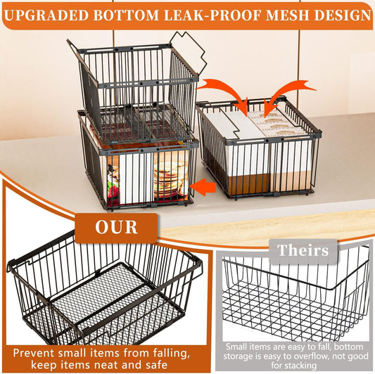 Large Freezer Organizer Bins,Upgraded Bottom Leak-Proof net,Fit 5 to 9 Cu Ft Chest Freezer,3 Pack, Expandable Stackable Chest Freezer Containers with Handle (Black-3Pack)