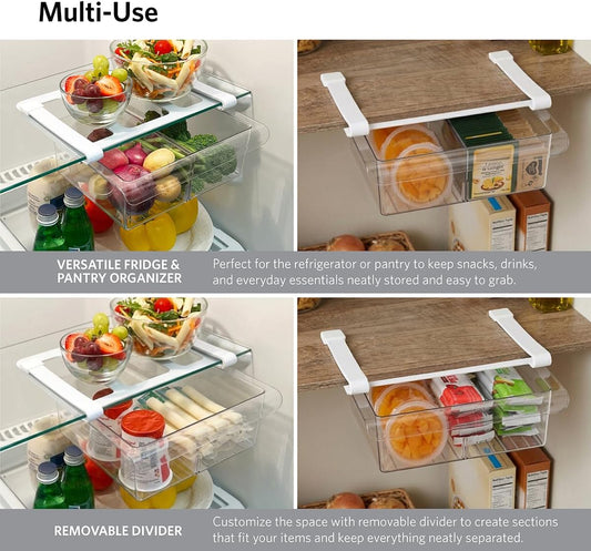 Glad Pull Out Fridge Drawer Organizer - Clip-On Under Shelf Refrigerator & Pantry Storage Bin with 2 Compartments for Fruit, Vegetables, and Deli Meat Drawer - BPA Free Clear Plastic
