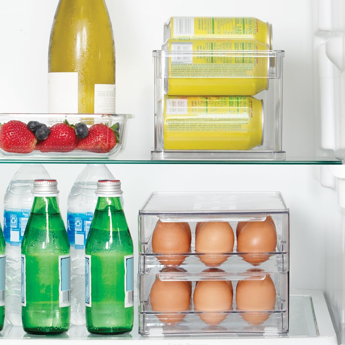 Glad Pull Out Fridge Drawer Organizer - Clip-On Under Shelf Refrigerator & Pantry Storage Bin with 2 Compartments for Fruit, Vegetables, and Deli Meat Drawer - BPA Free Clear Plastic