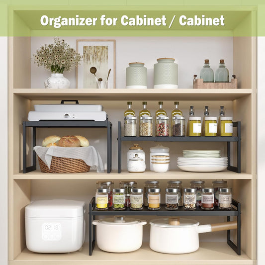 Expandable Kitchen Countertop Organizer, Stackable Cabinet Shelf Organizers, Space Saving Spice Rack Pantry Storage for Bathroom Office (Black, 1 Pack)