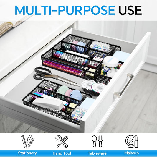 Desk Drawer Organizer, Office Drawer Divider Organizer Tray with 6 Compartments, Metal Mesh Desktop Organization and Accessories for Stationery Makeup Kitchen Toolroom School & Office